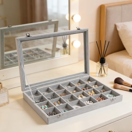 Wudygirl Jewelry Organizer Velvet Jewelry Tray 24 Grid Jewelry Box Earring Holder Organizer Removable Display Case Organizer Glass Top Lid & Lock (24 Grid) - color: Gray, size: 24 Grid