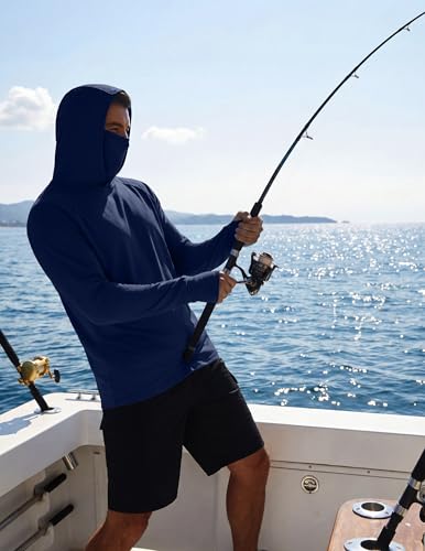 COOFANDY Mens UPF 50+ Sun Protection Hoodie with Mask Lightweight Long Sleeve SPF Fishing Shirts UV Hiking Running Rash Guard - color: Navy Blue, size: Small