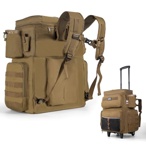 Goture 66L Rolling Tackle Box with Cooler, Khaki Large Fishing Bag with Wheels for 5 3700 Trays(Trays Not Included), Saltwater Resistant Tackle Backpack with Rod Holders - color: Khaki, size: No Trays