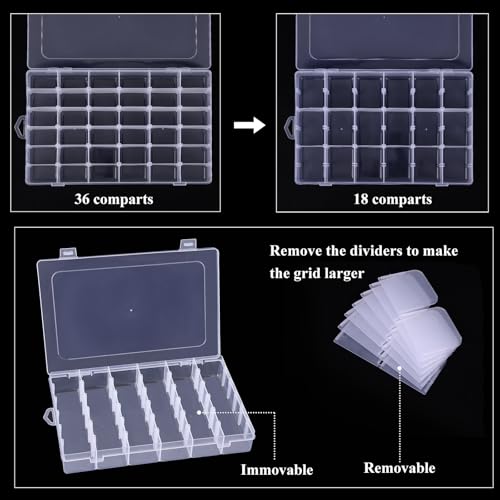 OUTUXED 8 Pack 36 Grids Clear Plastic Storage Boxes with Adjustable Dividers, Beads Storage Containers, Jewelry and DIY Crafts Organization, Screw & Hardware Sorting with 10 Label Stickers - color: 8 Pack