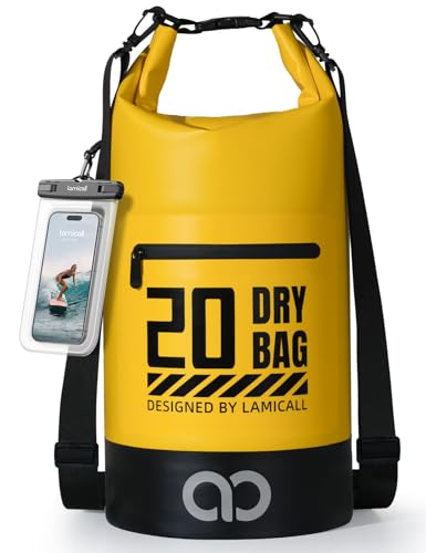 Lamicall Waterproof Dry Bag with Phone Pouch - 5L/10L/20L/30L/40L Floating Roll Top Backpack for Kayaking Boating Beach Camping Fishing - Heavy Duty 500D PVC Marine Dry Sack for Men,Women, Yellow 20L - color: Lemon Yellow, size: 20L