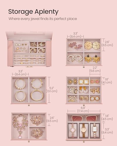 SONGMICS 6-Layer Jewelry Box Organizer with 5 Drawers, Jewelry Storage Case with Lock and Mirror, Large Storage Capacity, Gift for Loved Ones, for Necklaces, Watches, Jelly Pink UJBC152SA02S - color: Jelly Pink, size: 6 Tier