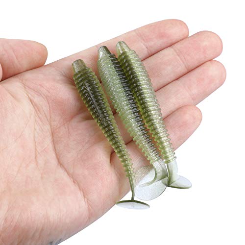 RUNCL Swimbaits Paddle 10/20/30/40PCS, 5/4/3/2 Inchs Paddle Tail, Soft Lure for Trout Crappie Bass, Durable Plastic Bait Swimmer for Saltwater/Freshwater, Fishing Lover's Gift - color: Green Shiner, size: 3in, 30pcs