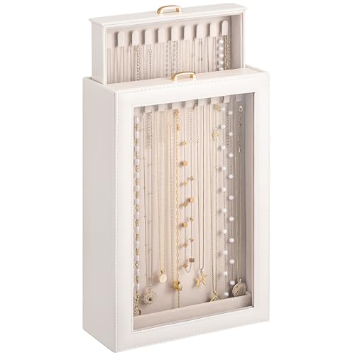 Lolalet Necklace Organizer Box, Jewelry Storage Box with Clear Window for Necklaces Bracelets, Tangle-Free Necklace Display Case for Women Girls, White, 2 Layers 20 Hooks - color: White, size: 2 Layers, 20 Hooks