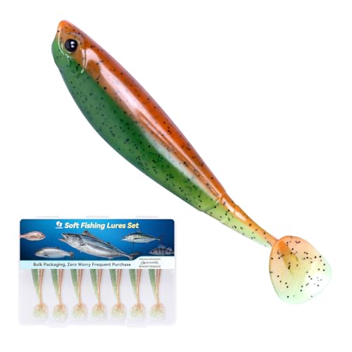 Clearance Bionics-Designed Durable Soft Plastic Fishing Lures Kit with Bonus Accessories, 3/4/5/6 Inch, 9-Type Lifelike Swimbaits in One Gear Set Included Tackle Box for Bass - color: Orange and Green
