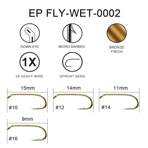 Eupheng Fly Fishing Hooks 100pc Pack Micro Barbed High Carbon Steel Bronze Forged for Dry Flies, Curved Nymphs, Shrimp,Caddis Pupa - color: EP FLY-WET-0002, size: #10