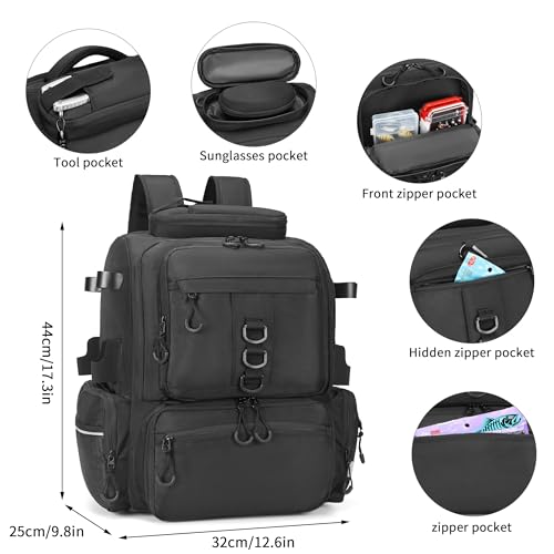 Rabjen Fishing Tackle Backpack, 45L Storage Waterproof Travel Bag Store Fishing Gear with Insulated Top Pocket - color: Black, style: Standard Size 4 Tackle Boxes Not Included 900d Nylon