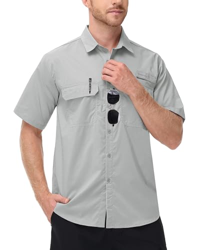 Satankud Fishing Shirts for Men Short Sleeve Sun Protection Cooling Hiking Shirt for Travel Safari Camping Work - color: Light Grey, size: XX-Large