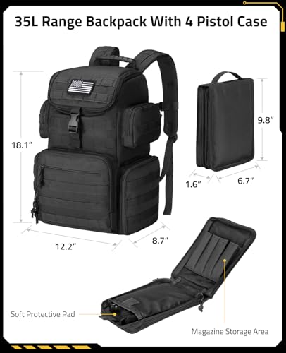 CVLIFE Tactical Range Backpack with Removable Divider, Gun Cases Bag with 4 Pistol Carrying Cases, Rucksack for Shooting (Black, Medium) - color: Black