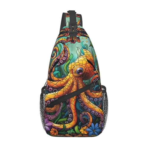 Cartoon Octopus In Flowers Outdoor Crossbody Shoulder Bag For Unisex Young Adult Hiking Bicycling - color: Bronze2