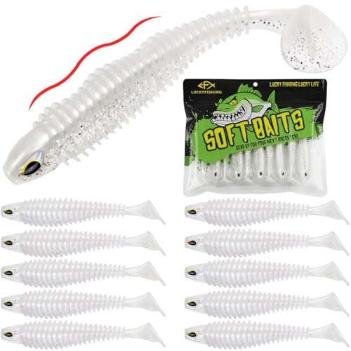 LUCKYFISHING Paddle Tail Swimbaits 10/16/20 PCS Fishing Lures Soft Plastic Lures for Trout Crappie Walleye Soft Baits for Bass Fishing Freshwater Saltwater 4.1/3.5/3/2.5 Inch - color: Pearl White, size: 3.5 inch-10pcs