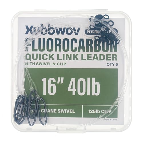 6-Pack Quick Link Fluorocarbon Leaders | 16" Hand-Tied 30, 40, 50lb Line with Heavy Duty 97lb Crane Swivel & 125lb Speed Clip Connects Hooks, Lures or Baits for Saltwater Fishing