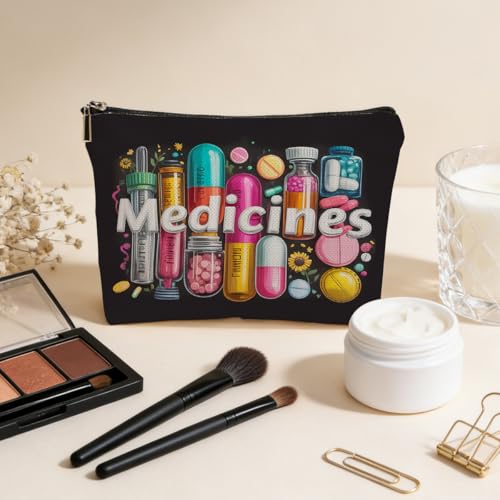 JIUWEIHU Medicine Makeup Bag Gifts: Colorful Medical Themed Cosmetic Toiletry Organizer Pouch for Teen Girls Women Doctor Nurse Healthcare.Ideal Gift for Travel, Christmas Birthday Gifts - color: Multicolor 0076