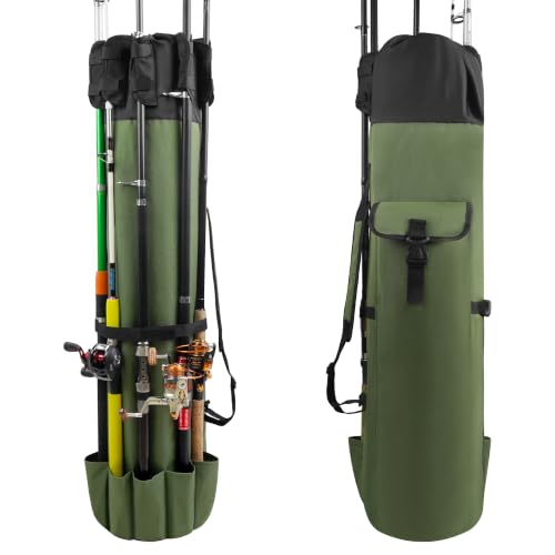 AGOOL Fishing Pole Bag with Rod Holder Fishing Rod Bag, 5 Rod & Reel Organizer Bag Waterproof Large Capacity Fishing Tackle Storage Bag Travel Carry Case Fishing Gifts for Men - color: Khaki Green