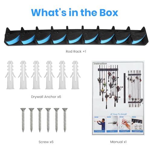 9-Rod Fishing Rod Holder Wall Mounted, Fishing Pole Holders Rack Holds Up to 9 Rods or Combos, Vertical Fishing Rod Rack Storage for Garage, Space Saving Rod Holder for Home, Shed, Basement