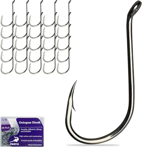 Pristis 25 Pack High Carbon Steel Fishing Hooks, Reinforced EWG Circle Octopus Round Bend 60 Degree Wide Gap Strong Barbed Worm Fish Hook Jig Bait Rig for Saltwater Freshwater Bass Tuna Walleye Trout - color: Octopus, size: 3/0