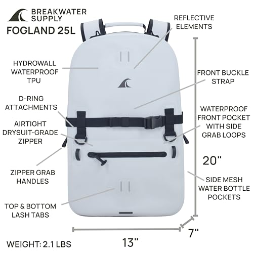 Breakwater Supply™ Fogland Waterproof IP68 Submersible Backpack | Laptop Sleeve & Airtight Zippers for Outdoors, Travel, Boating, Kayaking, Surfing, Floating Dry Bag, Unisex, TPU (Fog White, 25L) - color: Fog White, size: 25L
