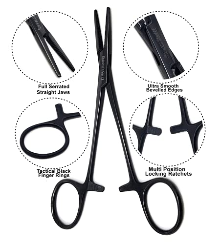 Mosquito Hemostat Locking Forceps 5" Straight with Full Serrated Jaws Ideal for Clamping, Fishing, Firefighters Nurses Doctors + More (Tactical Black) - color: Tactical Black