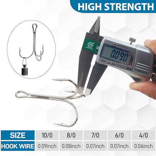 Classic Treble Fishing Hooks, 15pcs High Carbon Steel Large Treble Hooks Silver Triple Barbed Fish Hooks for Saltwater Freshwater Fishing Size 4/0 6/0 7/0 8/0 10/0 - size: 10/0-15pcs
