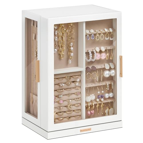 Glimmloop 360° Rotating Jewelry Box with 7 Drawers, Spacious Vertical Jewelry Organizer with Glass Window, Jewelry Storage Case, Dustproof & Moisture-resistant Design, White - color: White, size: 7 Drawers (6.2"D x 9.2"W x 12.7"H)