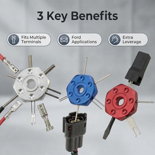 4-Piece Wire Terminal Release Tool Kit, Compatible with Lisle 57750 GM Ford | 4-piece color-coded release tool kit for GM, Ford, Weather-Pack & Pack-Con connectors. Replacement for Lisle 57750 specs.