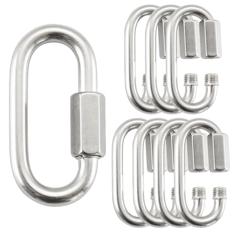 HOME MASTER HARDWARE 304 Stainless Steel D-Shaped Quick Link - 8 Pack 1/4", Threaded Small Locking Carabiner Chain Connector - size: 1/4in，8pack