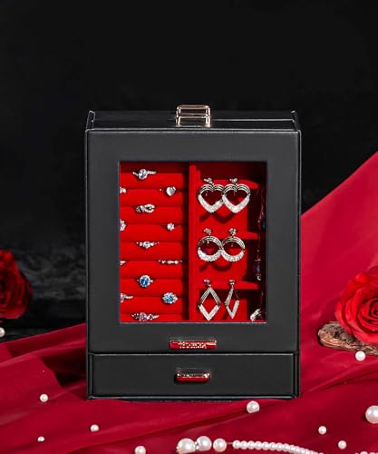 Homde Jewelry Organizer Girls Women Jewelry Box for Necklaces Rings Earrings Gift Bracelets Storage Case (Black + Red + Gold) - color: Black + Red + Gold