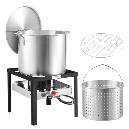 VEVOR 80 Qt Seafood Boiling Kit with Strainer, Outdoor Seafood Boil Pot and Basket, Cooking Set for Crab Crawfish Lobster Boiling, Aluminum Stockpot with 100,000 BTUs Propane Burner and Steamer Rack - style: 80-qt