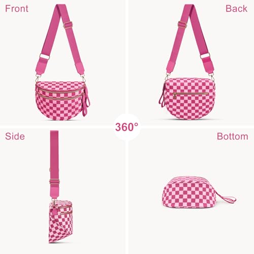 Checkered Nylon Crossbody Bag Bum Bag for Women Mom Large Checkered Fanny Packs with Adjustable Strap - color: Rose Checkered