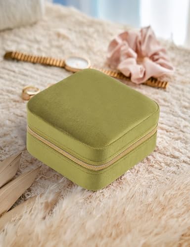 MFXIP Plush Velvet Travel Jewelry Case Small Jewelry Box Jewelry Organizer Storage Case Portable Jewelry Travel Case for Girls Womens Earring, Necklace, Rings,Bracelets with Mirror - color: Army Green