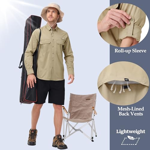 Satankud Mens Long Sleeve Fishing Shirts UPF 50+ Sun Protection Cooling Hiking Shirt for Travel Safari Work - color: Khaki, size: Medium