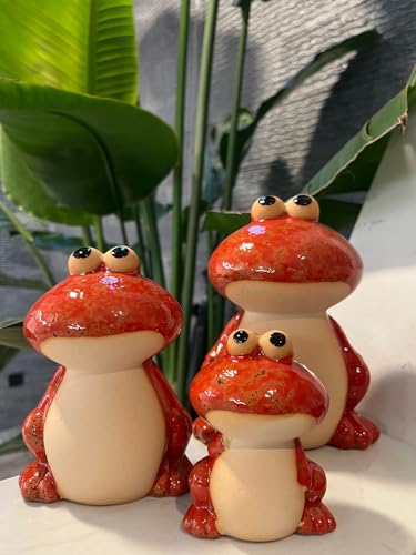 Frog Garden Decor Set of 3,Funny Cute Ceramic Frog Garden Statues Yard Decoration Outdoor Holiday Decorations,Ideal Ornament for Outside Pond Pool Patio Front Porch Backyard (Red) - color: Red