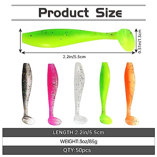 MAFIMOEA 50 Pcs Soft Fishing Lures Plastic Paddle Tail Swim Baits Kit for Bass Trout Walleye Crappie 5 Mixed Colors Fishing Soft Plastic Lure Kit 5.5CM - color: Red