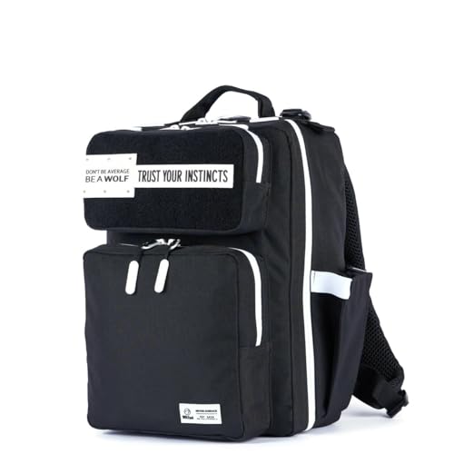 WOLFpak 15L Slim Tactical Gym Backpack - Durable 1000D Waterproof Oxford Material | Minimalist Daypack w/Laptop Pocket & Dual Cup Holders | Great for Travel & EDC | (Alpha Black White Accents) - color: Black With White Accents