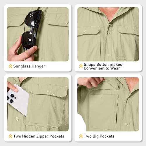 Mens Sun Protection Hiking Fishing Safari Shirts with Hood Long Sleeve Outdoor Quick Dry Shirts Hoodie - color: 5105 Khaki, size: Medium