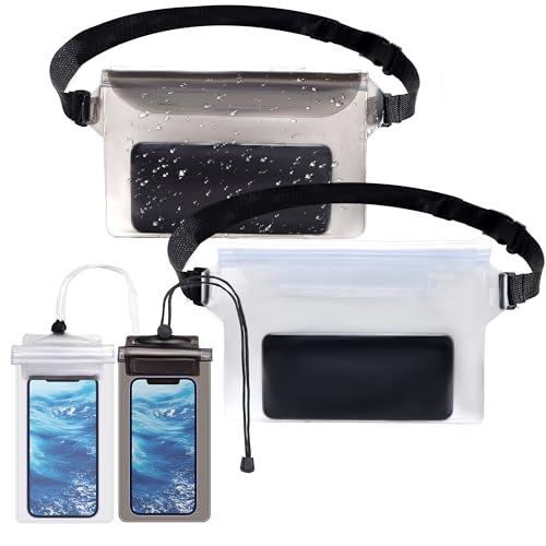 4 Pack Waterproof Fanny Pack with Waist Strap Waterproof Phone Pouch Dry Bag for Kayaking Pool Swimming Boating Beach Fishing Travel Diving Surfing (Black & White, 2 Fanny Pack + 2 Pouch Bag) - color: Black & White