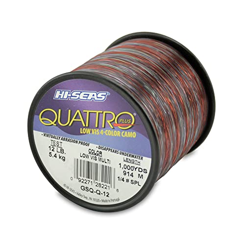 HI-SEAS Quattro Monofilament Fishing Line - Low-vis 4 Color Camo, Strong & Durable Performance Saltwater Main Line - style: 12 Lb Test, 0.35 Mm Dia, 1000 Yd