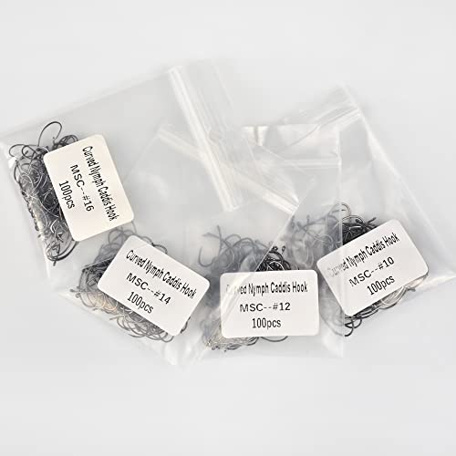 100Pcs Barbless Curved Nymph Caddis Fly Hooks, 10#16#, High Carbon Steel, Flat Point, Perfect for Bass, Trout, Salmon & More - size: 14#-100pcs