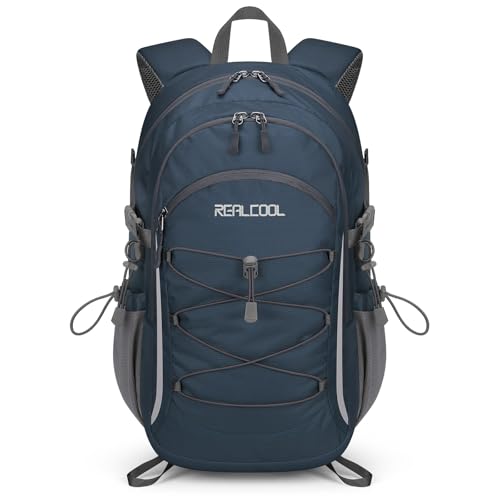 RealCool 30L Lightweight Hiking Backpack, Waterproof Daypack for Camping | 210D tear-resistant nylon, breathable shoulder and back panel, Multi-Compartment,hydration system,reflective strip,bungee net - color: Blue, size: 30L