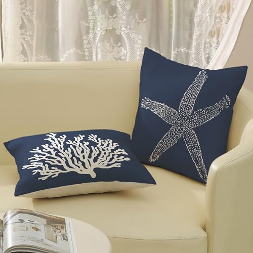 Navy Blue Coastal Pillow Covers 16x16 Inch Set of 2 Nautical Blue Starfish Coral Throw Pillows Spring Summer Beach Ocean Pillowcases Linen Outdoor Decorative Cushion Covers for Bed Sofa Couch - color: Navy Blue Starfish Coral, size: 16" x 16" (Pack of 2)