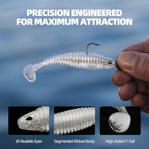 30pcs Soft Plastic Swimbaits with Paddle Tail, T-Tail Fishing Lures for Vertical Jigging and Casting, Freshwater Swimbaits for Bass, Trout, Walleye & Crappie - color: Dual Ribbed, 2.5''
