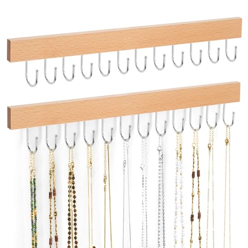 ZEDODIER 2 Pack Necklace Organizer Wall Mount, Wooden Jewelry Hanger Necklace Holder with 24 Hooks,Hanging Jewelry Organizer, Natural - color: Natural