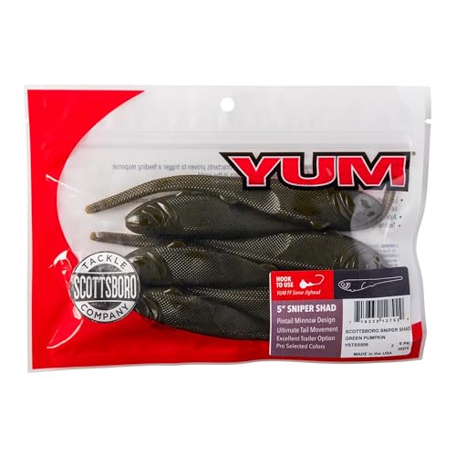 YUM Sniper Shad Soft Plastic – Realistic Minnow Bass Fishing Lure, Jig Head & Underspin Trailer, 3” 4” 5” Sizes, Multiple Colors - color: Green Pumpkin, size: 5"