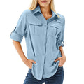 Women's UPF 50 Long Sleeve Sun Protection Shirts Safari Fishing Hiking - color: Blue, size: Medium