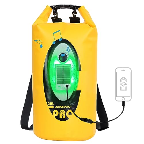 Qoolife Dry Bag Waterproof with Solar Bluetooth Speaker & Light - 10L/20L Roll Top Dry Sack Keeps Gear Dry for Men Women Kayaking, Beach, Rafting, Boating, Hiking, Camping and Fishing - color: Yellow with BT Speaker, size: 20L
