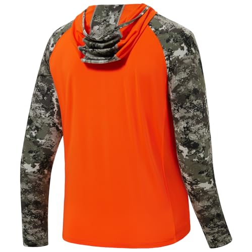 BASSDASH Men’s UPF 50 Performance Fishing Shirt Cooling Hoodie Camo Long Sleeve FS17M - color: Blaze Orange/Grunge Camo, size: Medium