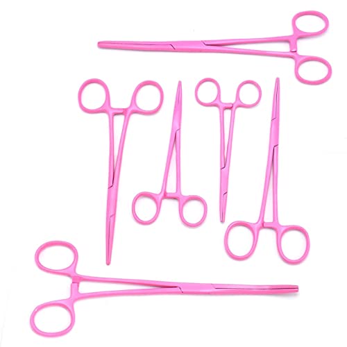 Pink Color Premium Quality Ultimate Set of 6 Pcs Straight & Curved Hemostat Forceps Locking Clamps Stainless Steel Full Serrated Jaws for Better Grip-Ideal for Nurses, Fishing + More - color: Pink Color
