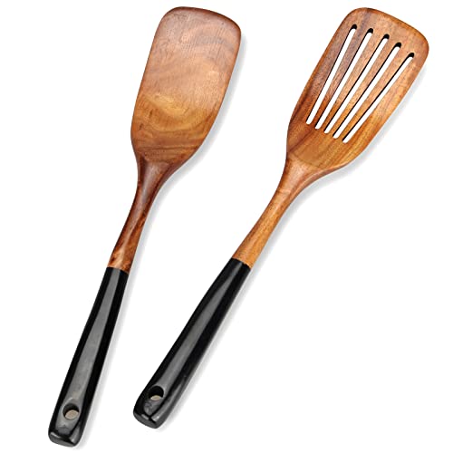2 Pcs Wooden Spatula Set for Cooking Non Toxic Teak Kitchen Utensils Slotted Pancake Turner Flat Wood Wok Spatulas Bamboo Spoon for Cooking Utensil Set Spurtle Scraper Black Fish Egg Flipper Spatula - color: 2Pcs-Black