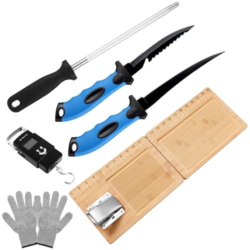 6 Pcs Fish Cleaning Kit Include Cutting Board Fish Fillet Boards with Clamp 2 Knife Cut Resistant Gloves Scale with Built in Measuring Tape Sharpening Rod(Foldable) - style: Foldable