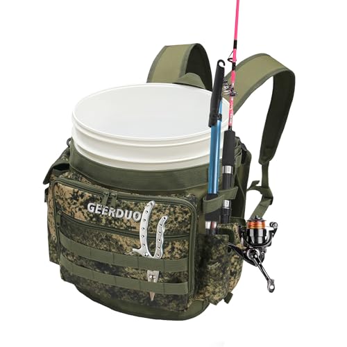 Fishing Bucket Backpack with Rod & Plier Holder and Pockets for Fishing, Hunting, Apple Picking for 5 Gallon Bucket (Camo) - color: Camo